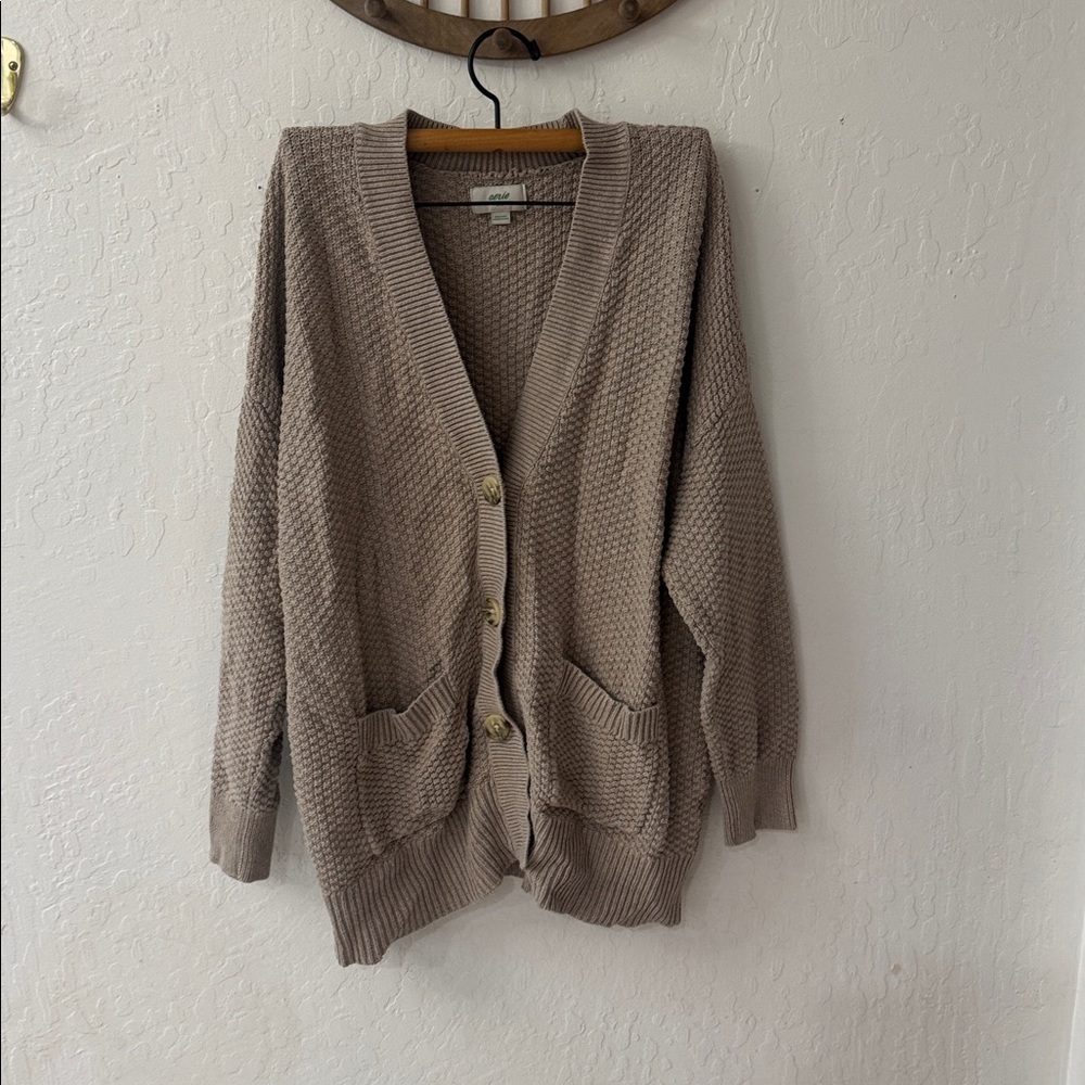 Aerie Tan Brown Chunky Knit Oversize Varsity Cardigan Button Up M - Picture 3 of 8